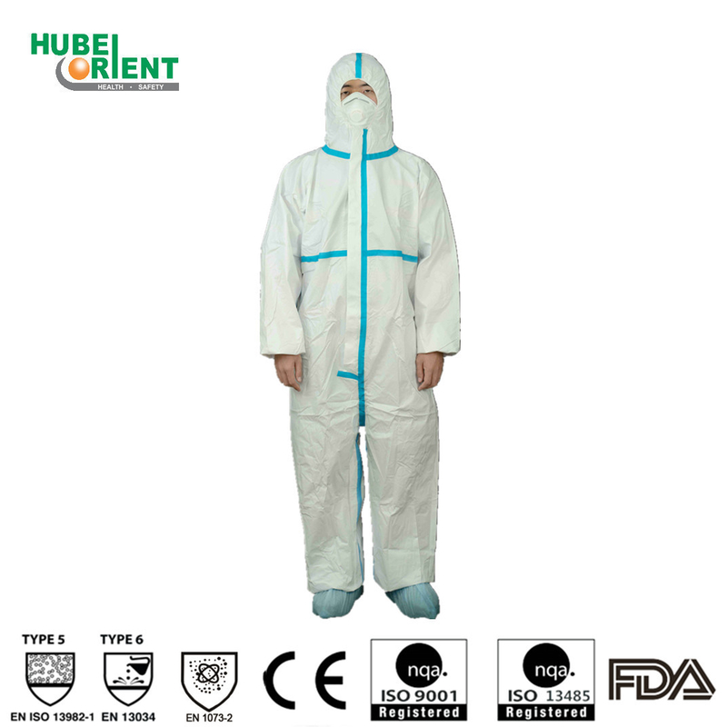 Type 4/5/6 Splash Prevention MP Disposable Coverall With 2-Pieces Hood And Blue Tape